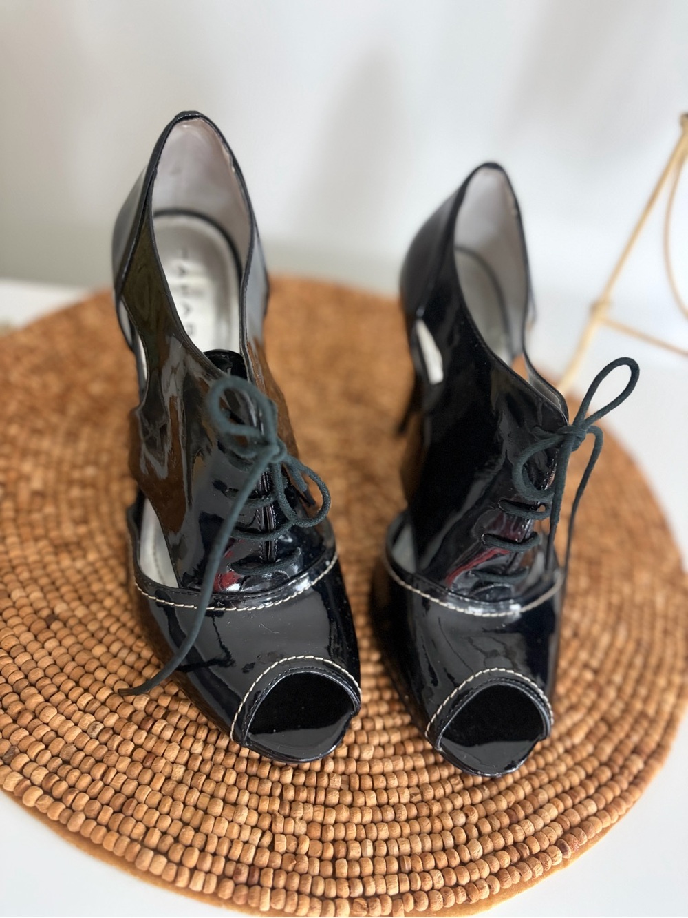 Tahari Black Patent Lace-Up Peep-Toe Women's Heels